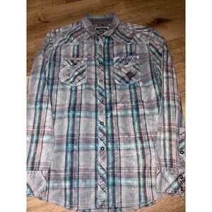BKE Vintage Mens Long Sleeve Plaid Button Up Shirt Distressed Pockets Size L